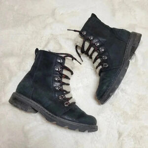 Sorel Lennox Black Leather Moto Combat Lace Up Lug Sole Boots Sherpa Size 8